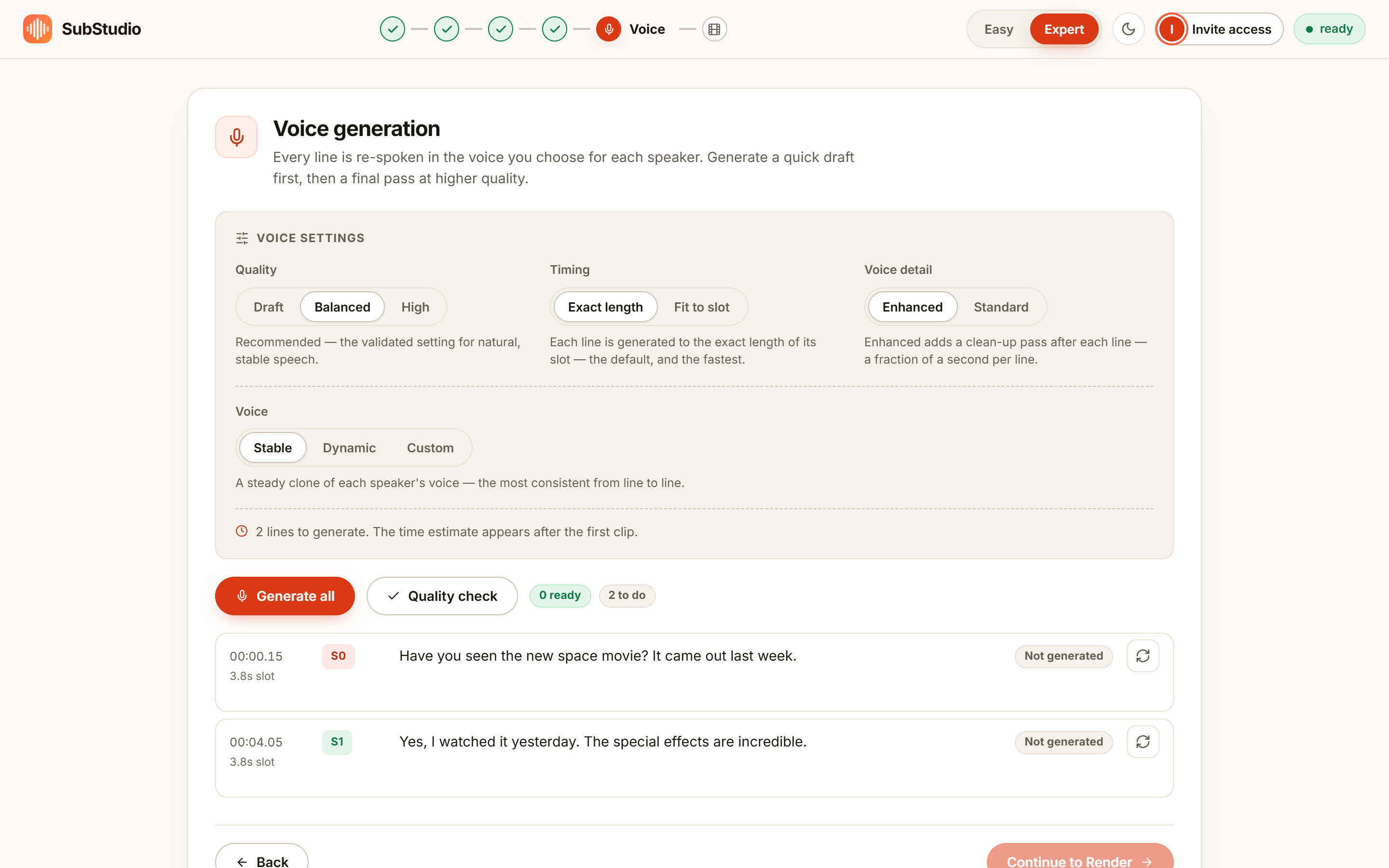 SwiftDub voice settings: quality presets, timing mode, voice detail and the Stable, Dynamic and Custom voice options, with a Generate all button and one row per line